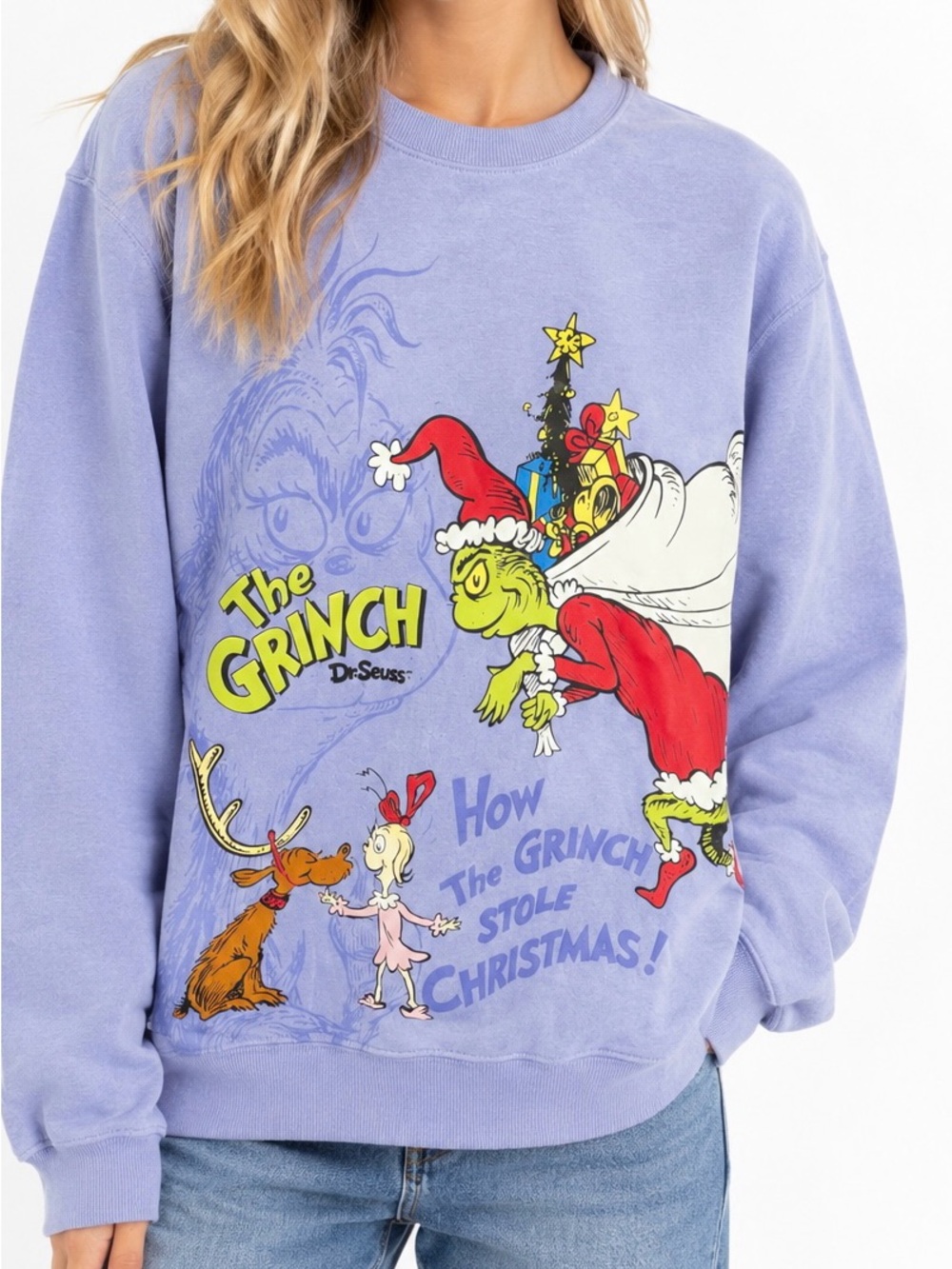 Dr. Seuss The Grinch Oversized Crewneck Sweatshirt XS Lavender Retro Cozy